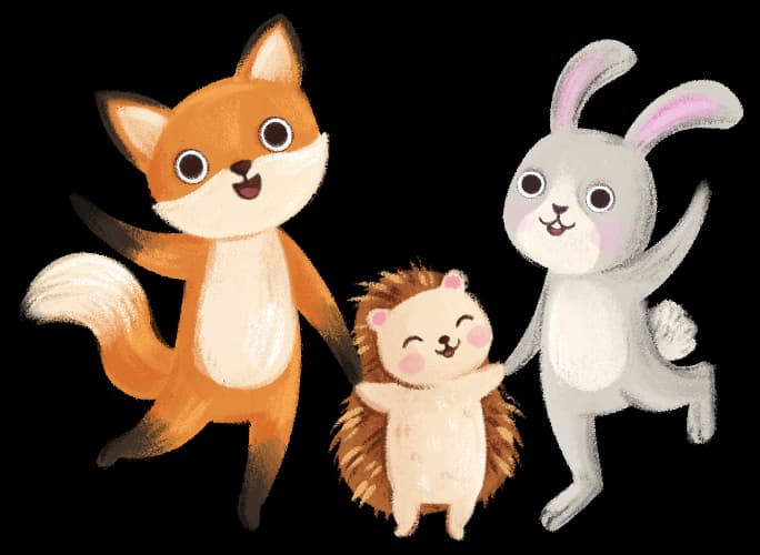 Lisek, jeżyk i króliczek trzymają się za ręce i machają - przyjaciele z Bajkowego Poddasza zapraszają do świata audiobajek muzycznych